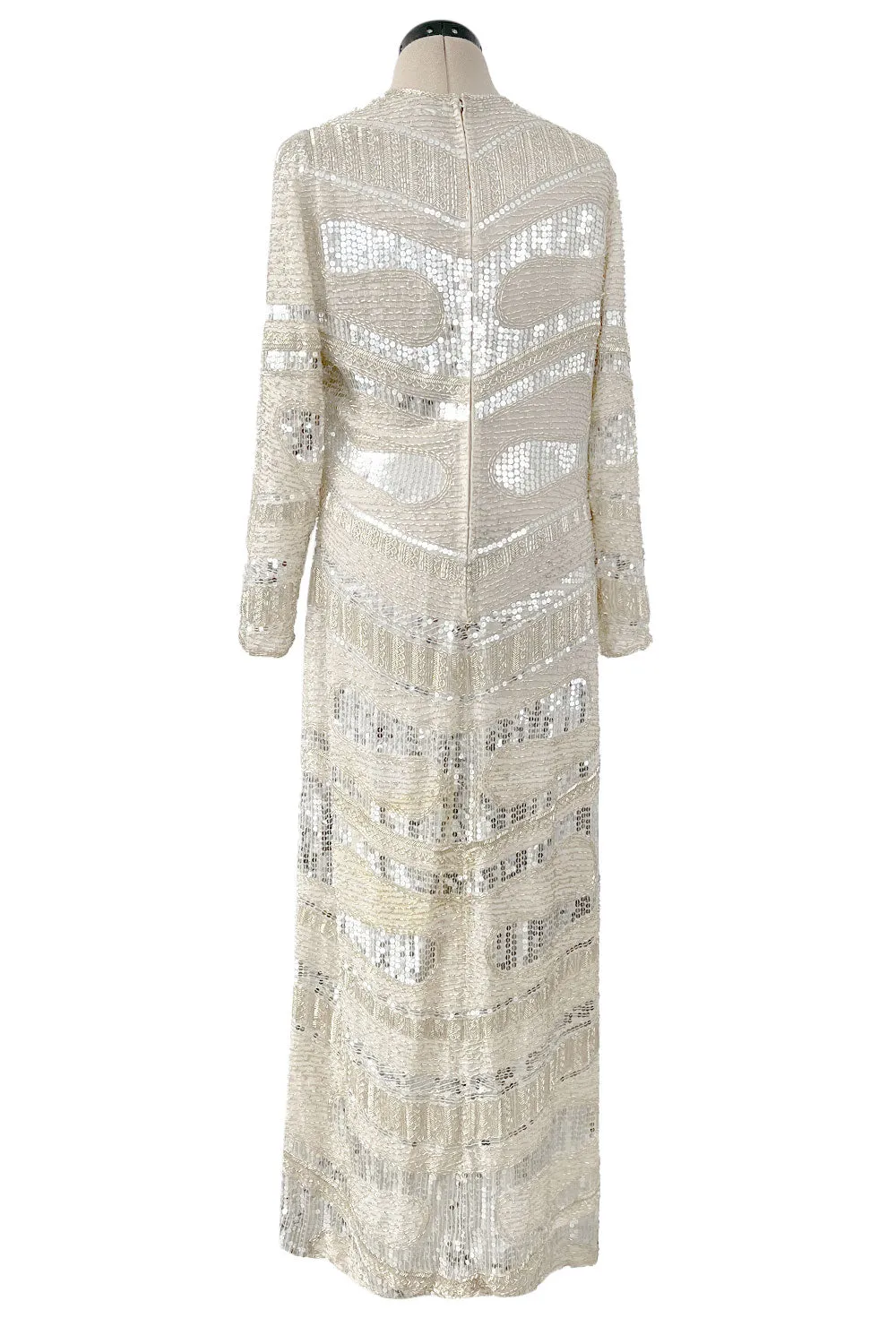 Iconic Spring 1981 Halston Fully Hand Beaded & Sequinned Silver & Ivory Silk Chiffon Dress