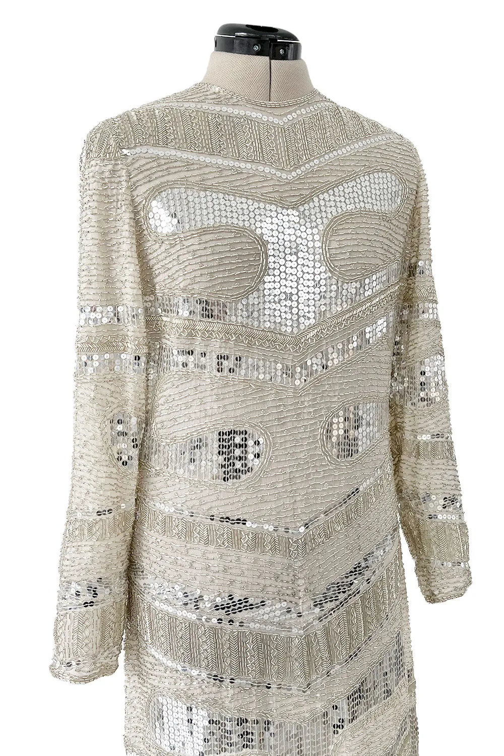 Iconic Spring 1981 Halston Fully Hand Beaded & Sequinned Silver & Ivory Silk Chiffon Dress