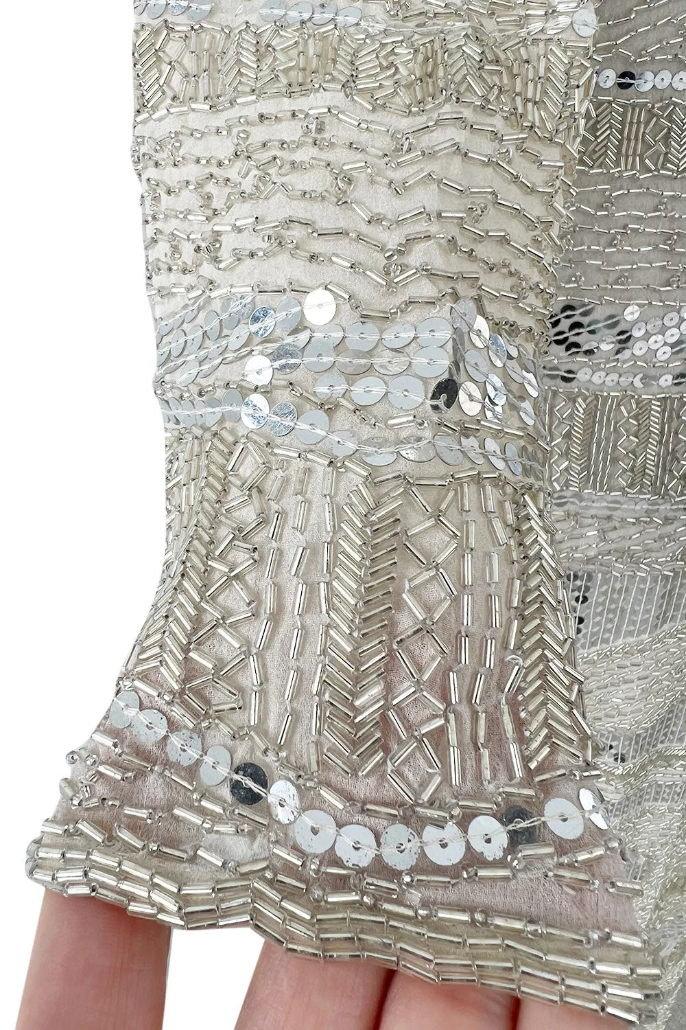 Iconic Spring 1981 Halston Fully Hand Beaded & Sequinned Silver & Ivory Silk Chiffon Dress