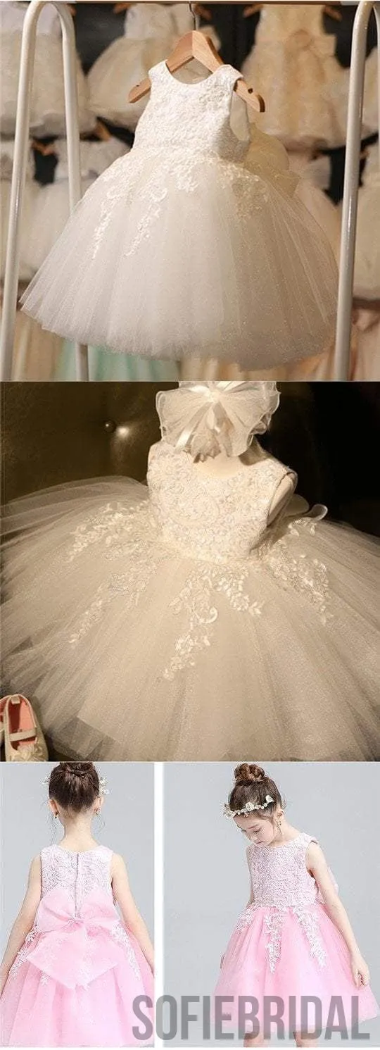 Ivory Round Neck Lace Tulle Flower Girl Dresses, Zip up Cute Little Girl Dresses, FG043