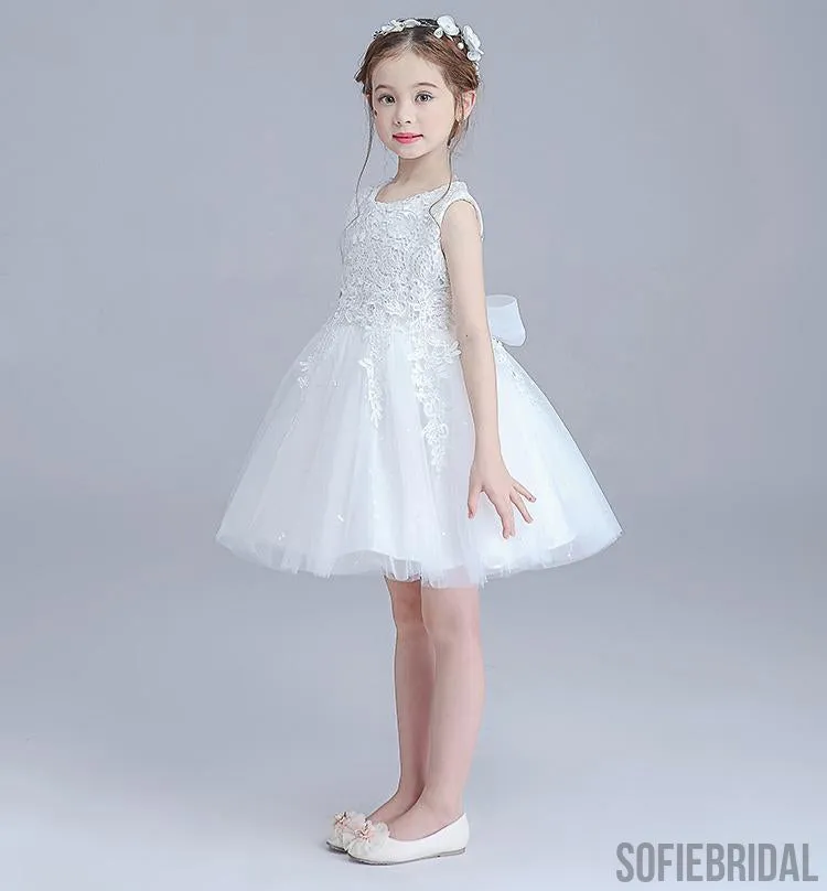 Ivory Round Neck Lace Tulle Flower Girl Dresses, Zip up Cute Little Girl Dresses, FG043