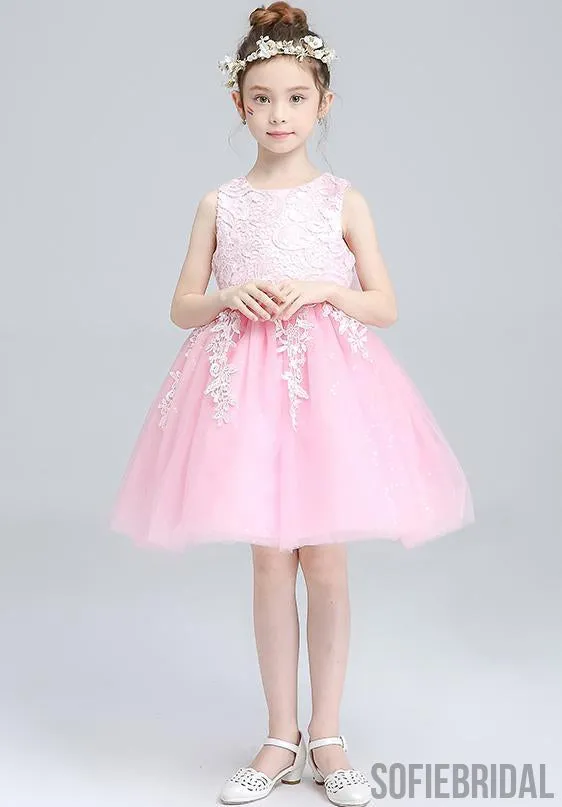 Ivory Round Neck Lace Tulle Flower Girl Dresses, Zip up Cute Little Girl Dresses, FG043
