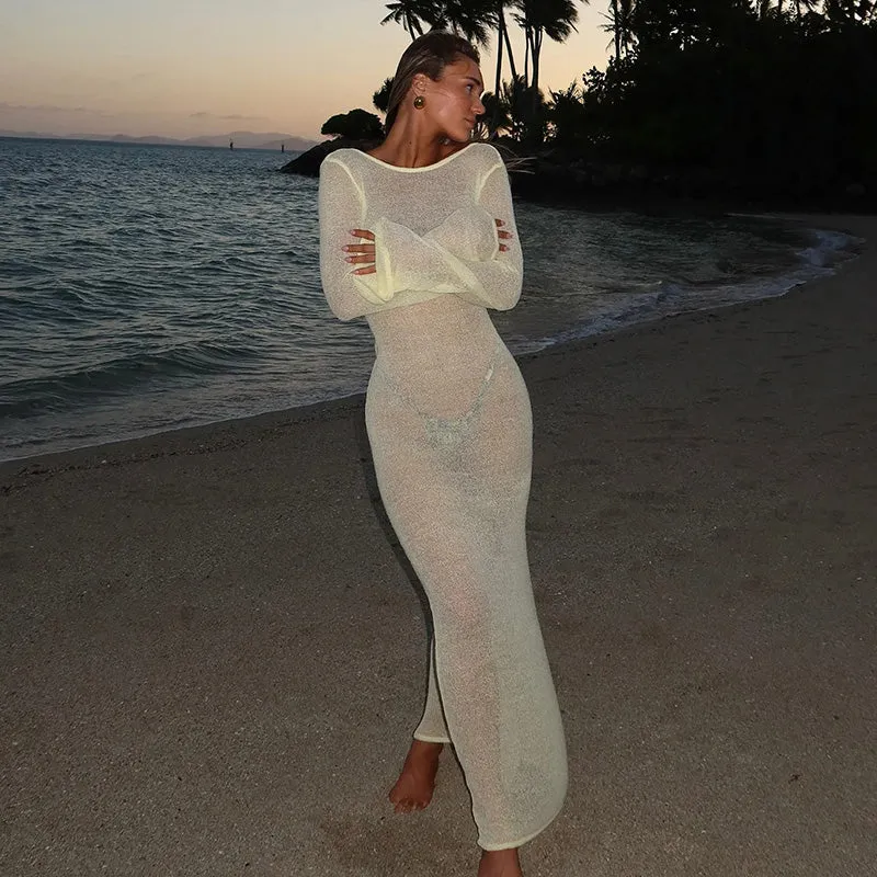JazzHer Beach Backless Knitted Maxi Dress Sexy Women Long Sleeve Dresses Bikini Cover Up Beachwear 2025 Female Holiday Sunscreen Robes