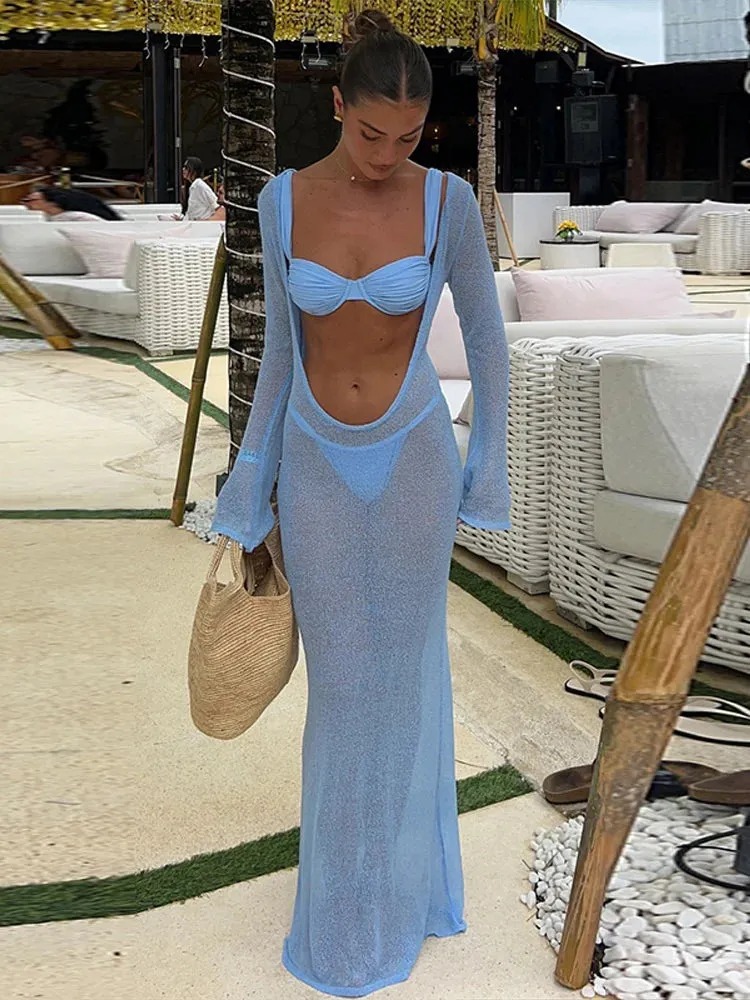 JazzHer Beach Backless Knitted Maxi Dress Sexy Women Long Sleeve Dresses Bikini Cover Up Beachwear 2025 Female Holiday Sunscreen Robes