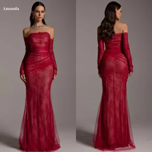 JazzHer Customized Red Mermaid Lace Sleeves Strapless robes de soirée Flowers Party Dresses Floor-Length Offshoulder Prom Dress-(PRE-ORDER)