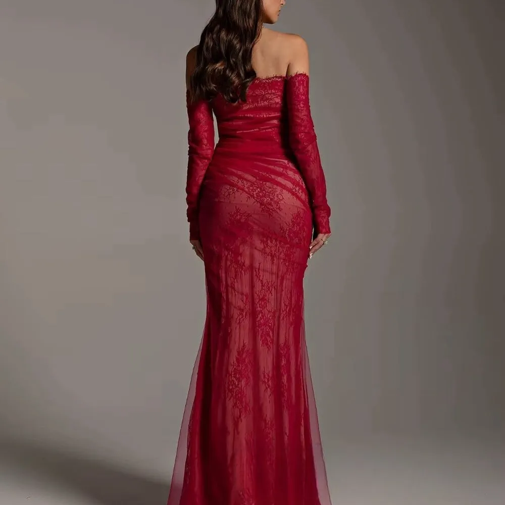 JazzHer Customized Red Mermaid Lace Sleeves Strapless robes de soirée Flowers Party Dresses Floor-Length Offshoulder Prom Dress-(PRE-ORDER)