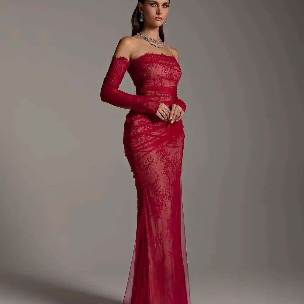 JazzHer Customized Red Mermaid Lace Sleeves Strapless robes de soirée Flowers Party Dresses Floor-Length Offshoulder Prom Dress-(PRE-ORDER)
