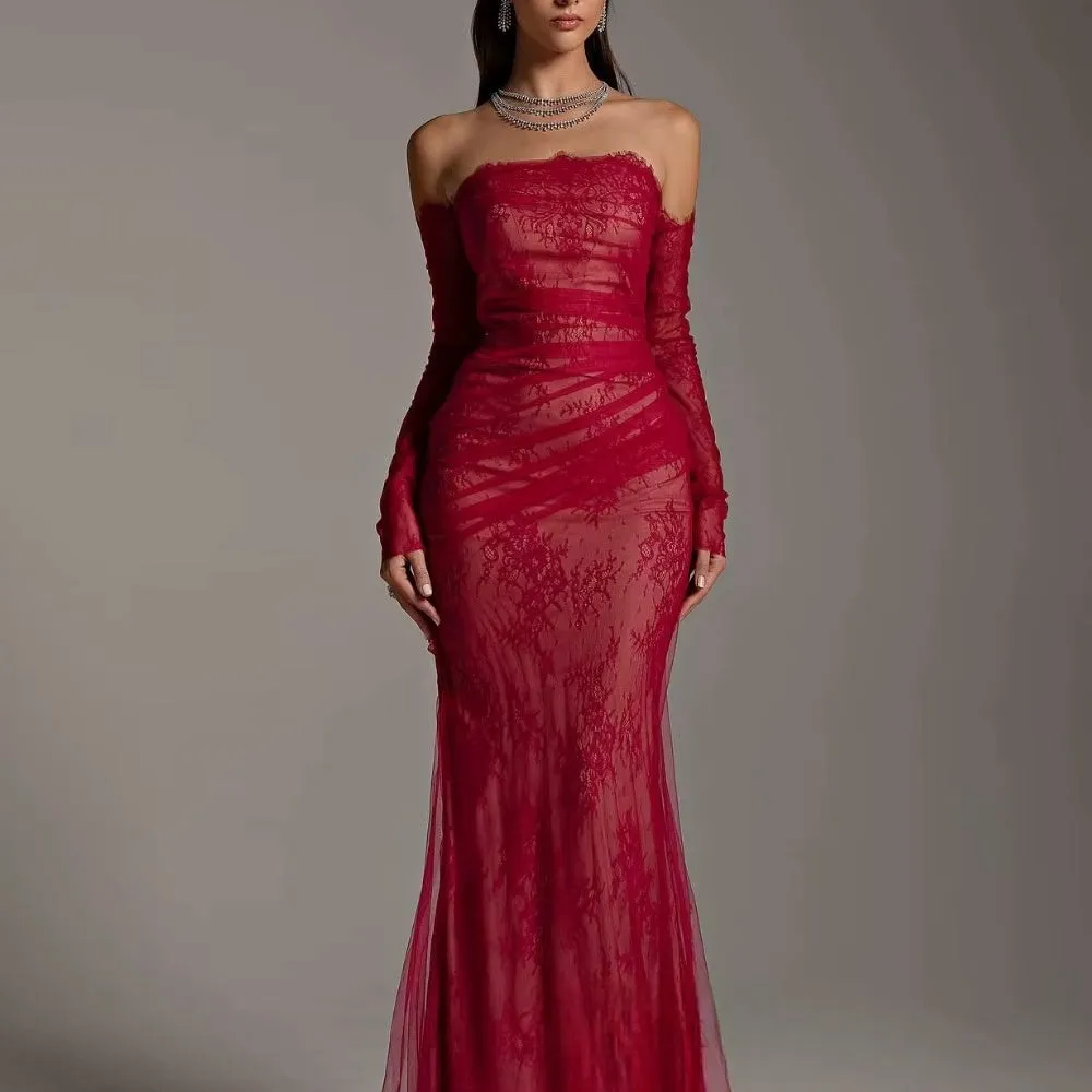 JazzHer Customized Red Mermaid Lace Sleeves Strapless robes de soirée Flowers Party Dresses Floor-Length Offshoulder Prom Dress-(PRE-ORDER)