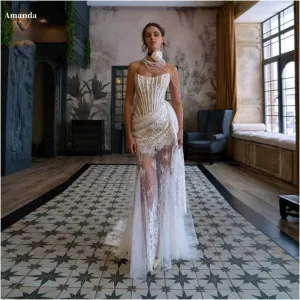 JazzHer Customized White Flowers Embroidery Lace Gloves robes de soirée Strapless Party Dresses Sleeveless Skirt Prom Dress 2025-(PRE-ORDER)