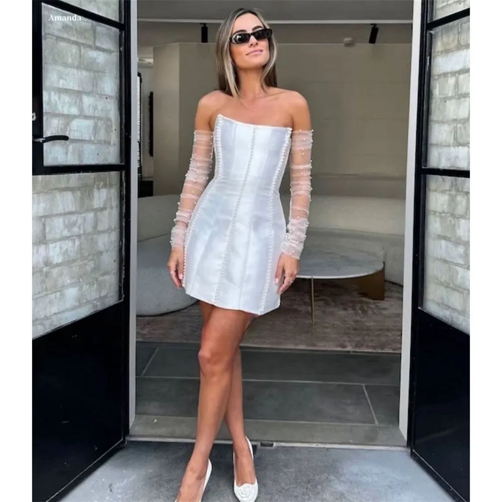 JazzHer Customized White Lace Sleeves Strapless Mini Prom Dresses Pearls vestidos de noche Sleeveless Formal Evening 2025-(PRE-ORDER)