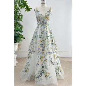 JazzHer Floral Embroidery Backless A-line Prom Dresses Colorful Buttons vestidos de noche Sleeveless Formal Evening Customized-(PRE-ORDER)