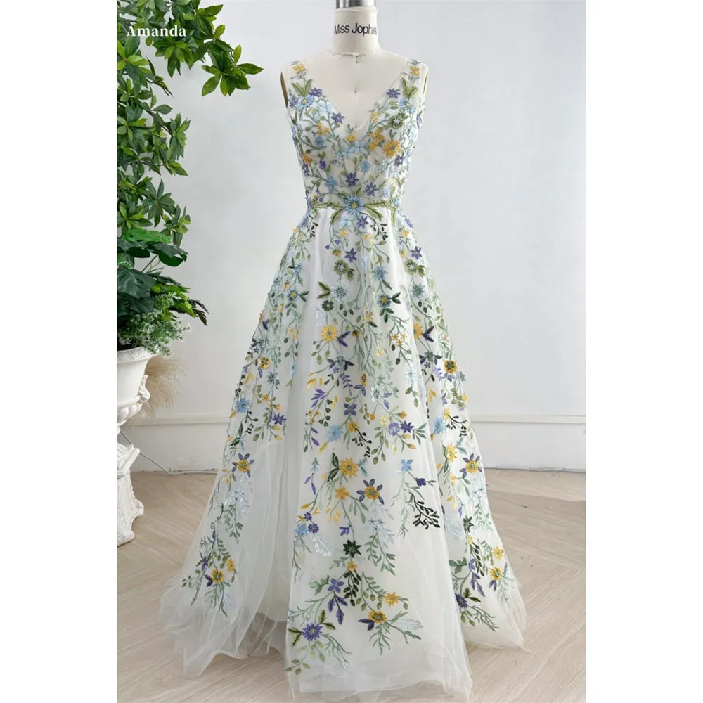 JazzHer Floral Embroidery Backless A-line Prom Dresses Colorful Buttons vestidos de noche Sleeveless Formal Evening Customized-(PRE-ORDER)