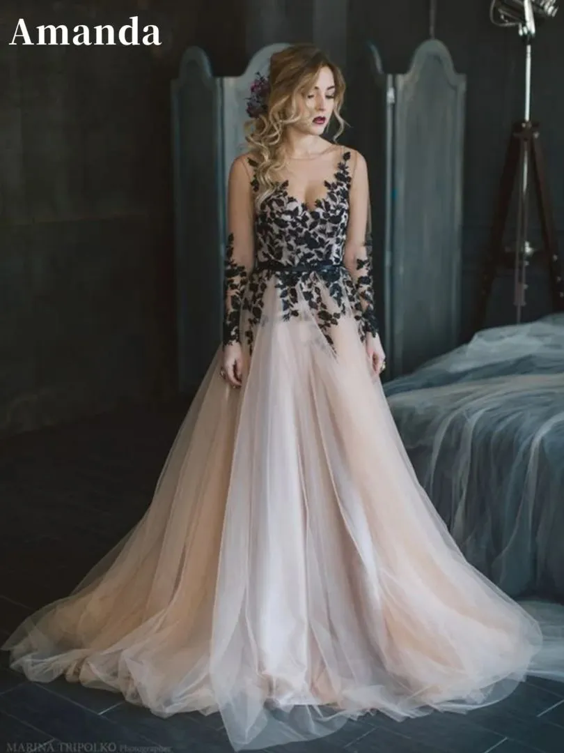 JazzHer Gothic Black Lace Party Dresses Champagne Sleeveless A-line Wedding Dress Vestidos De Fiesta-(PRE-ORDER)