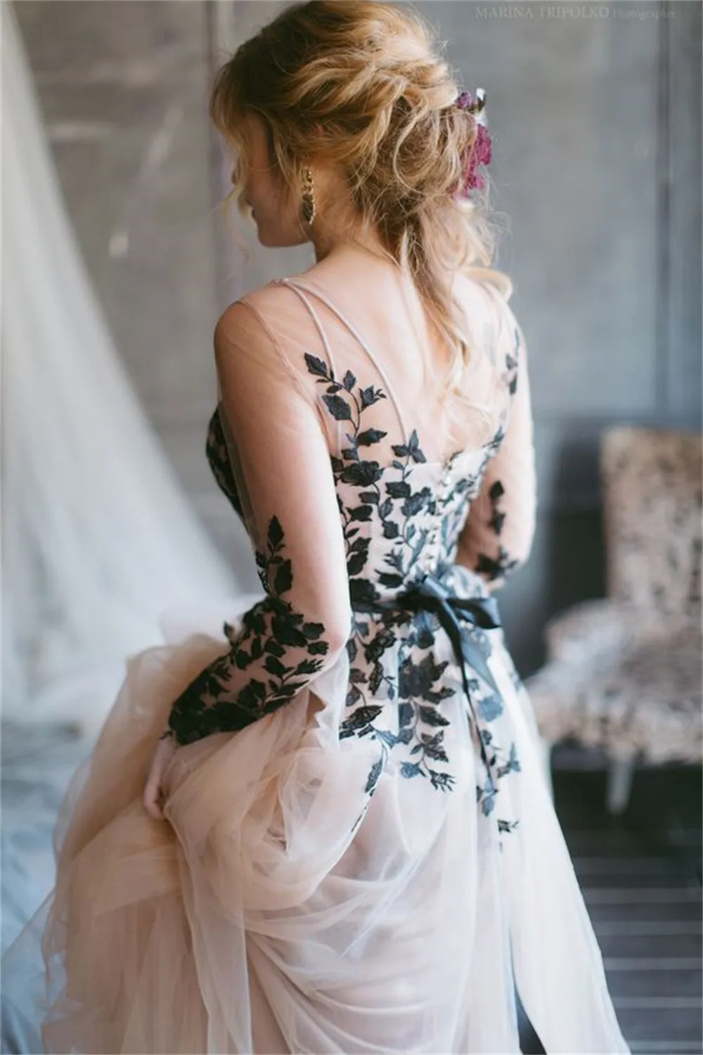 JazzHer Gothic Black Lace Party Dresses Champagne Sleeveless A-line Wedding Dress Vestidos De Fiesta-(PRE-ORDER)