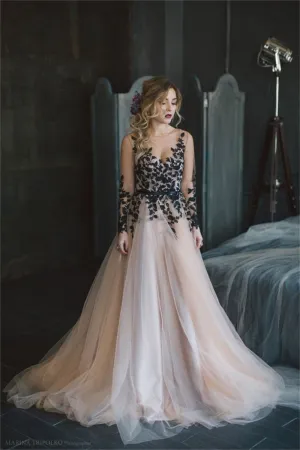JazzHer Gothic Black Lace Party Dresses Champagne Sleeveless A-line Wedding Dress Vestidos De Fiesta-(PRE-ORDER)