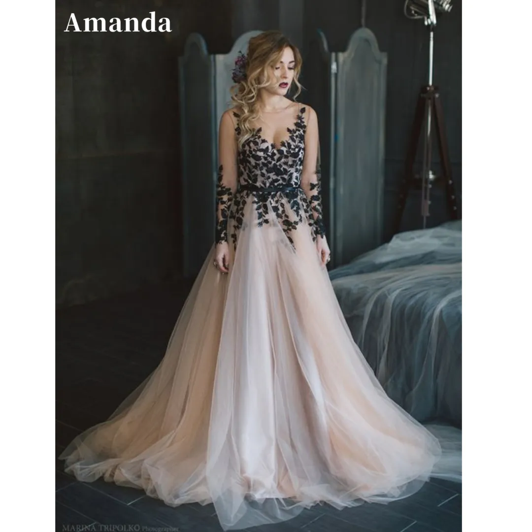 JazzHer Gothic Black Lace Party Dresses Champagne Sleeveless A-line Wedding Dress Vestidos De Fiesta-(PRE-ORDER)