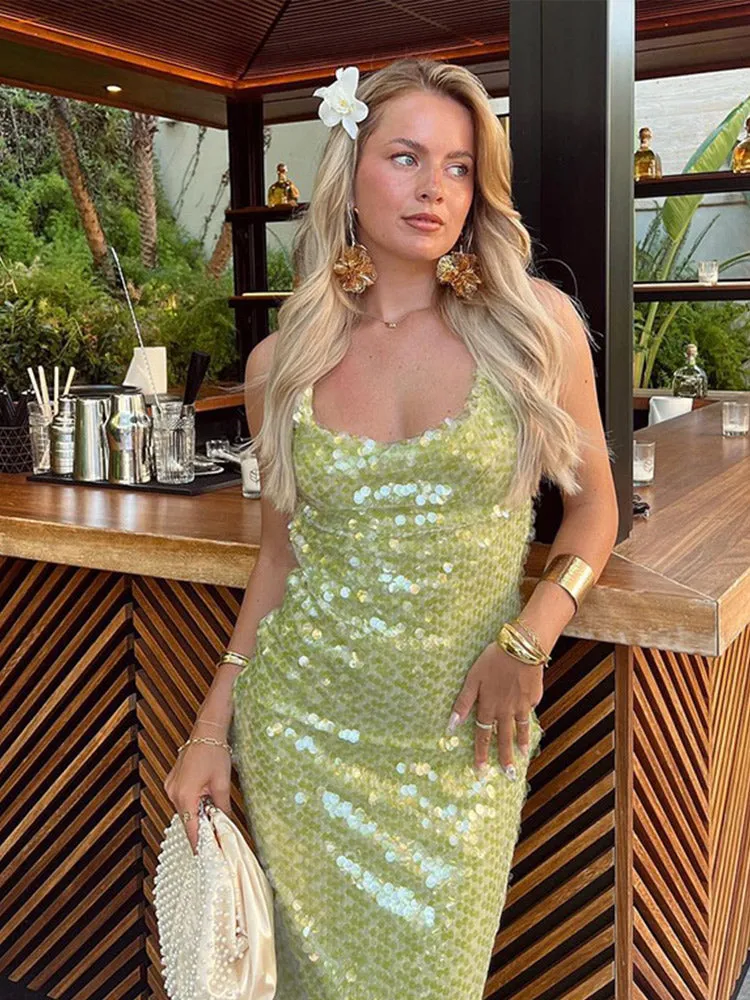 JazzHer Sequin Backless Party Dress Women Sexy Square Collar Lace Up Sleeveless Female Long Dresses 2025 Spring Summer New Lady Robe
