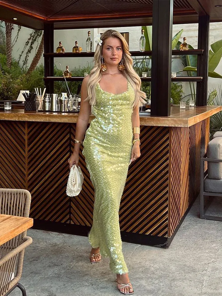 JazzHer Sequin Backless Party Dress Women Sexy Square Collar Lace Up Sleeveless Female Long Dresses 2025 Spring Summer New Lady Robe