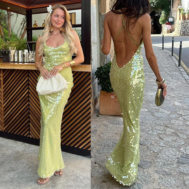 JazzHer Sequin Backless Party Dress Women Sexy Square Collar Lace Up Sleeveless Female Long Dresses 2025 Spring Summer New Lady Robe