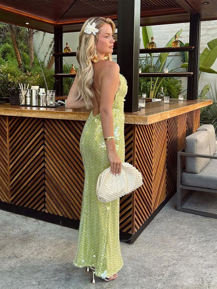 JazzHer Sequin Backless Party Dress Women Sexy Square Collar Lace Up Sleeveless Female Long Dresses 2025 Spring Summer New Lady Robe