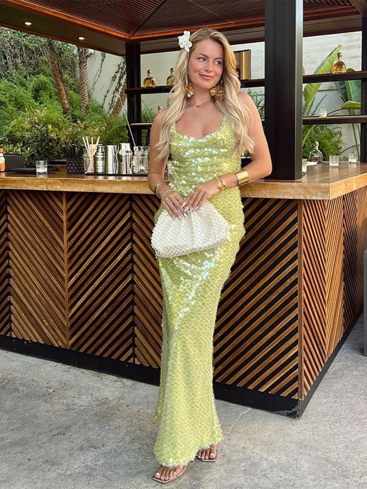 JazzHer Sequin Backless Party Dress Women Sexy Square Collar Lace Up Sleeveless Female Long Dresses 2025 Spring Summer New Lady Robe