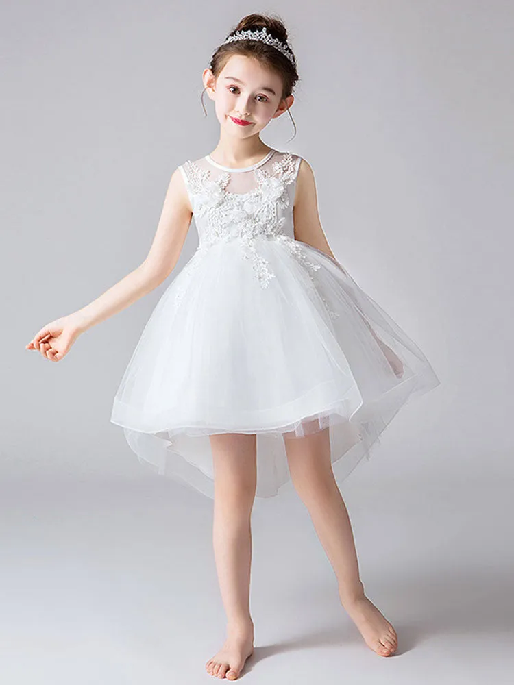 Jewel Neck Tulle Sleeveless Princess High Low Short Embroidered Kids Social Party Dresses