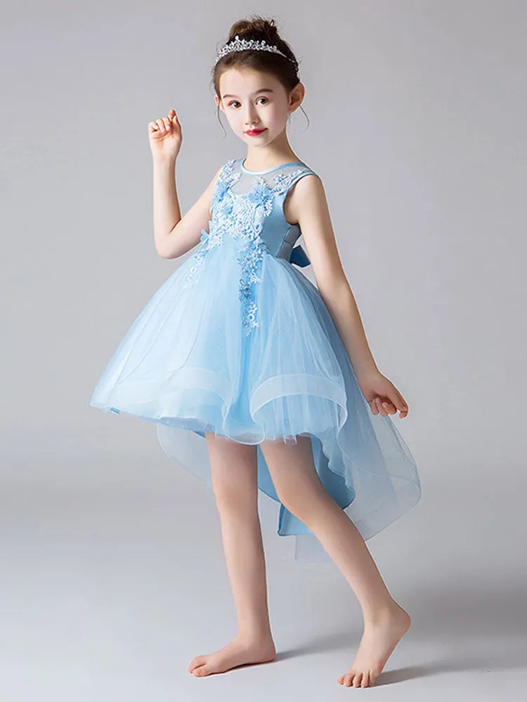 Jewel Neck Tulle Sleeveless Princess High Low Short Embroidered Kids Social Party Dresses