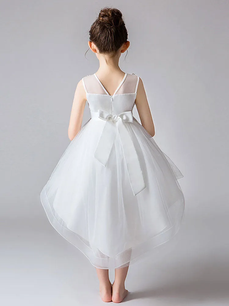 Jewel Neck Tulle Sleeveless Princess High Low Short Embroidered Kids Social Party Dresses