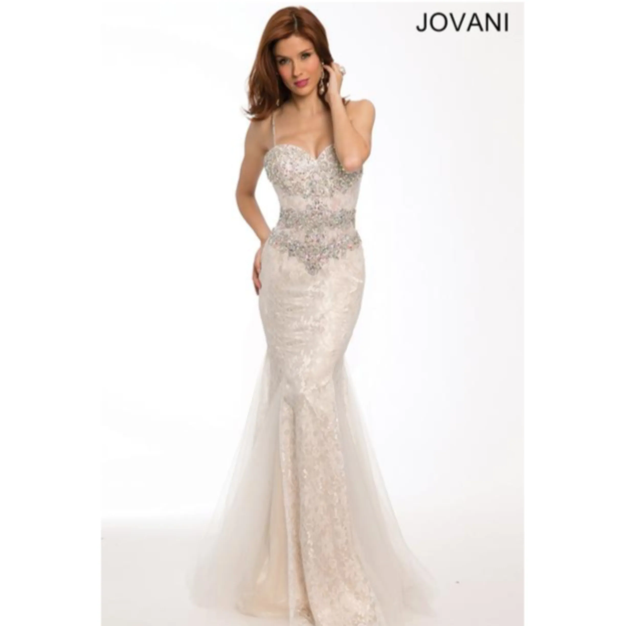 JOVANI 94186 White & Nude Lace Strap Mermaid Gown Size 8