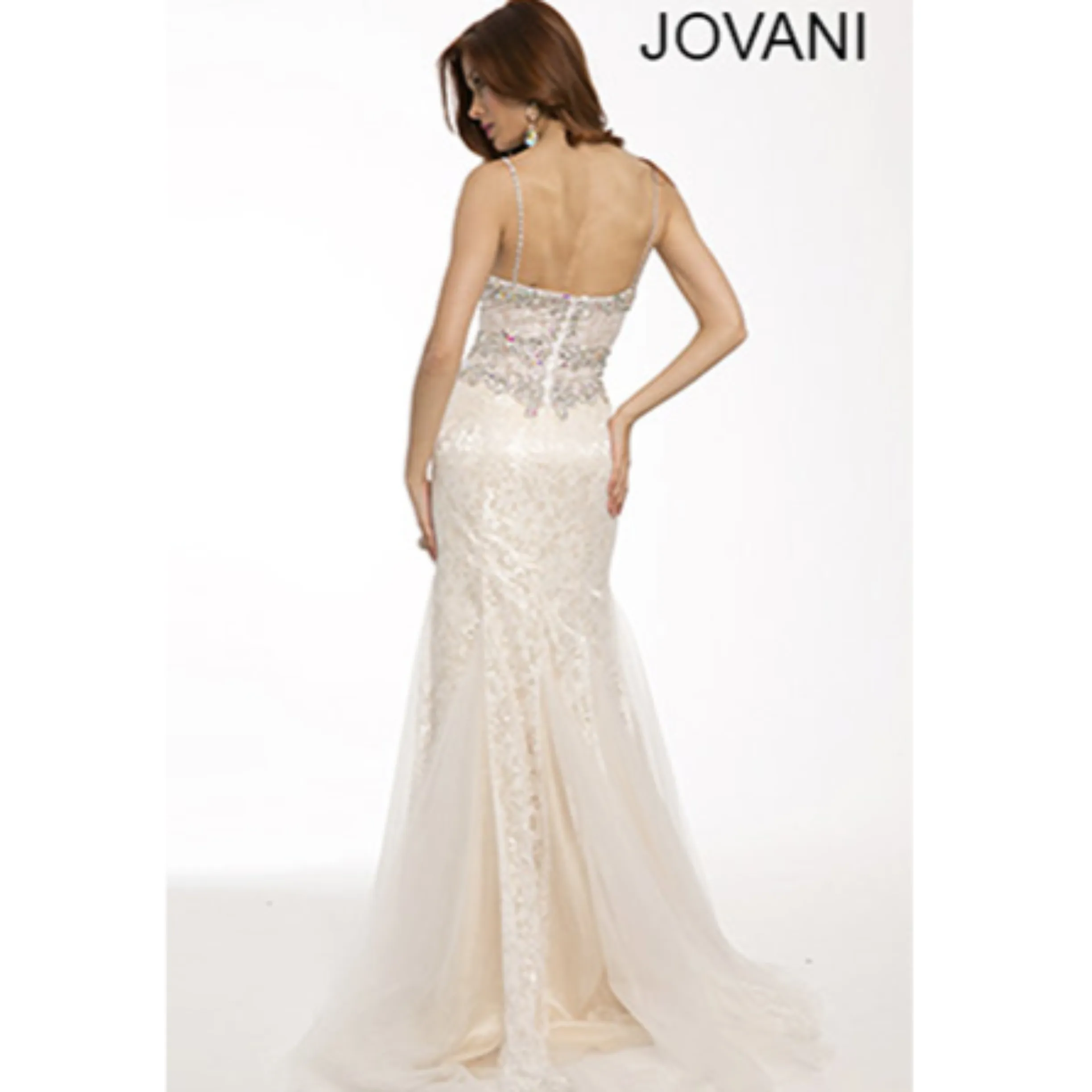 JOVANI 94186 White & Nude Lace Strap Mermaid Gown Size 8
