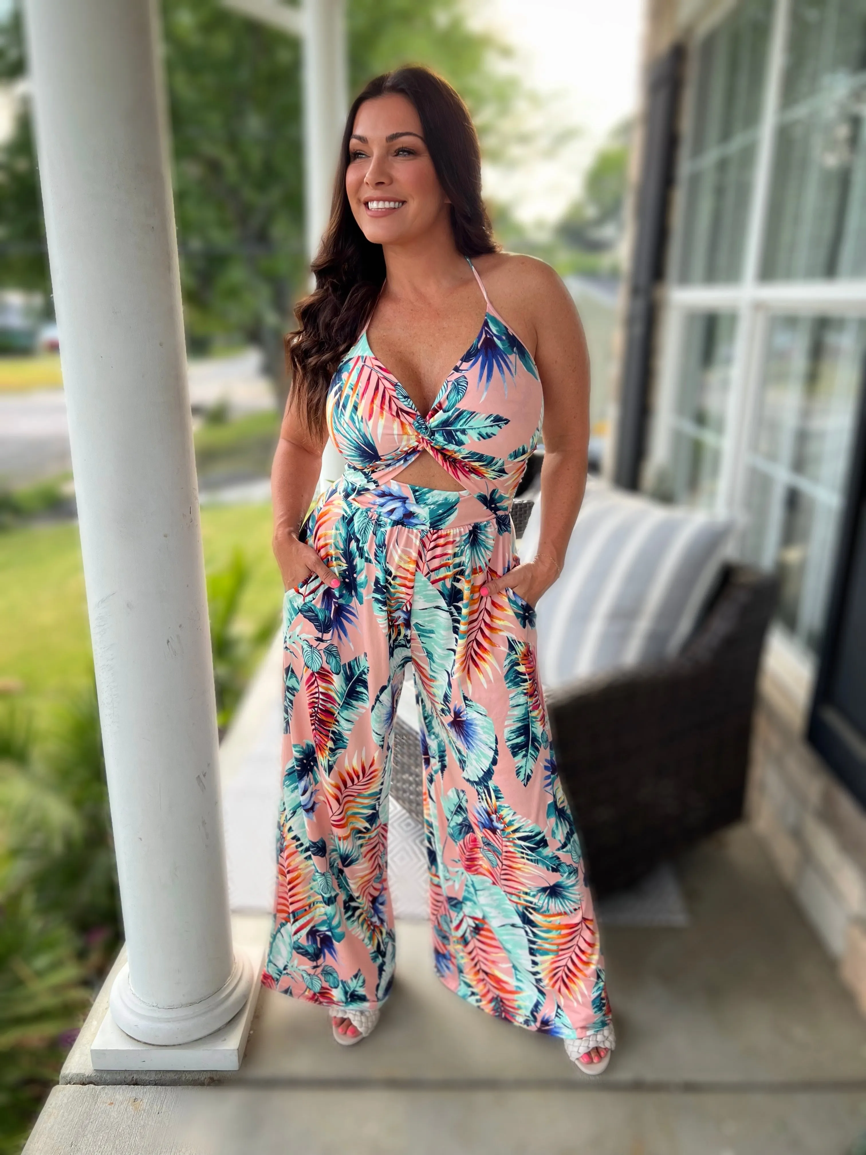 Knotted Tank Jumpsuit- Tropical Mint/Pink