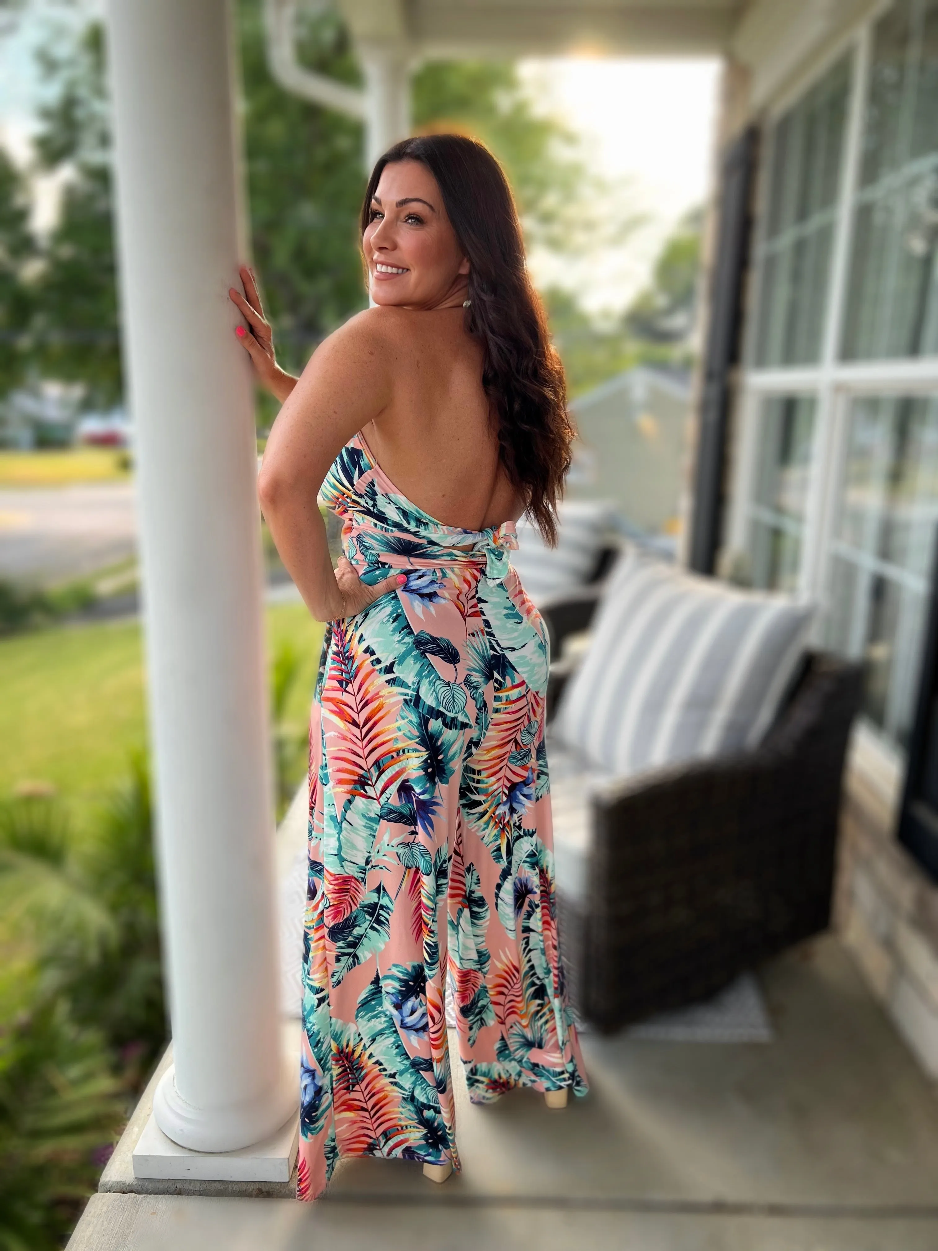 Knotted Tank Jumpsuit- Tropical Mint/Pink