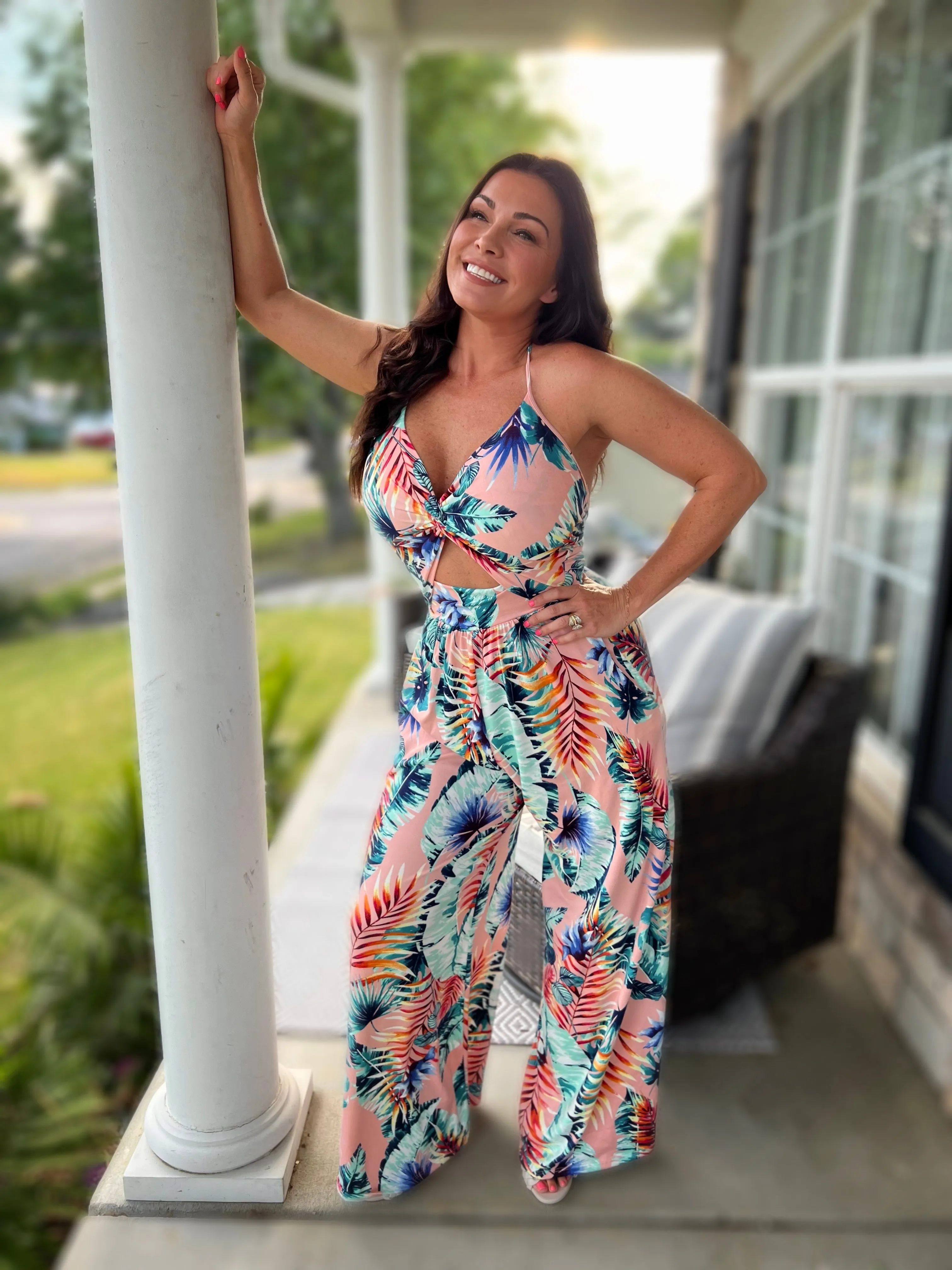 Knotted Tank Jumpsuit- Tropical Mint/Pink