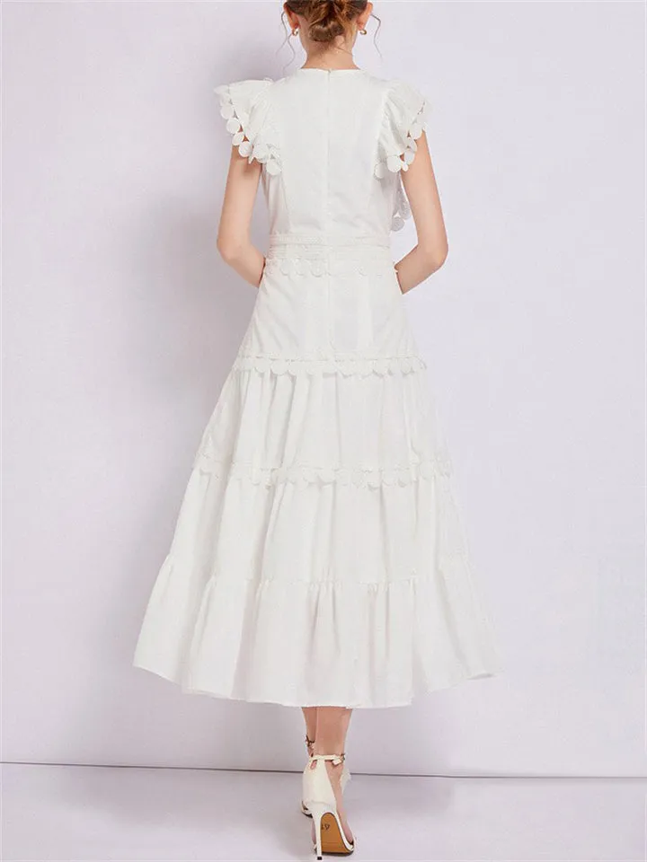 Ladies Fashion Spliced Crew Neck Flutter Sleeve Dresses