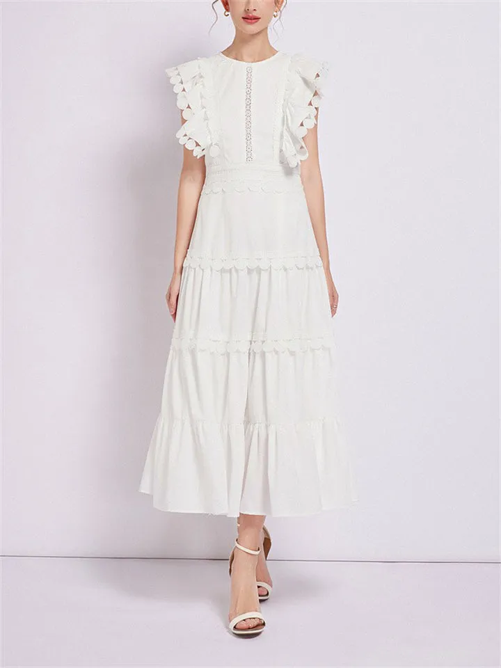 Ladies Fashion Spliced Crew Neck Flutter Sleeve Dresses