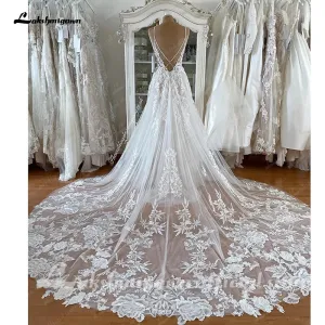 Lakshmigown Spaghetti Straps Lace Wedding Dress Sexy Bridal Robe 2023 Plunging V Neck Tulle Boho Wedding Gown Abiti Sposa