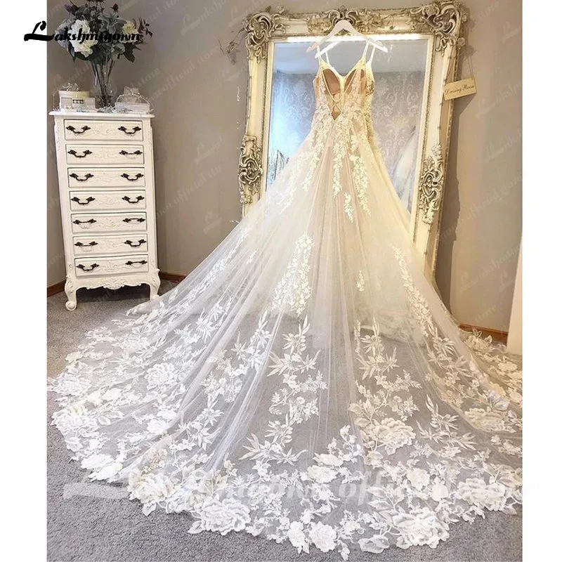 Lakshmigown Spaghetti Straps Lace Wedding Dress Sexy Bridal Robe 2023 Plunging V Neck Tulle Boho Wedding Gown Abiti Sposa