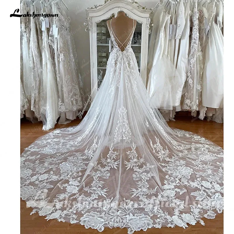 Lakshmigown Spaghetti Straps Lace Wedding Dress Sexy Bridal Robe 2023 Plunging V Neck Tulle Boho Wedding Gown Abiti Sposa