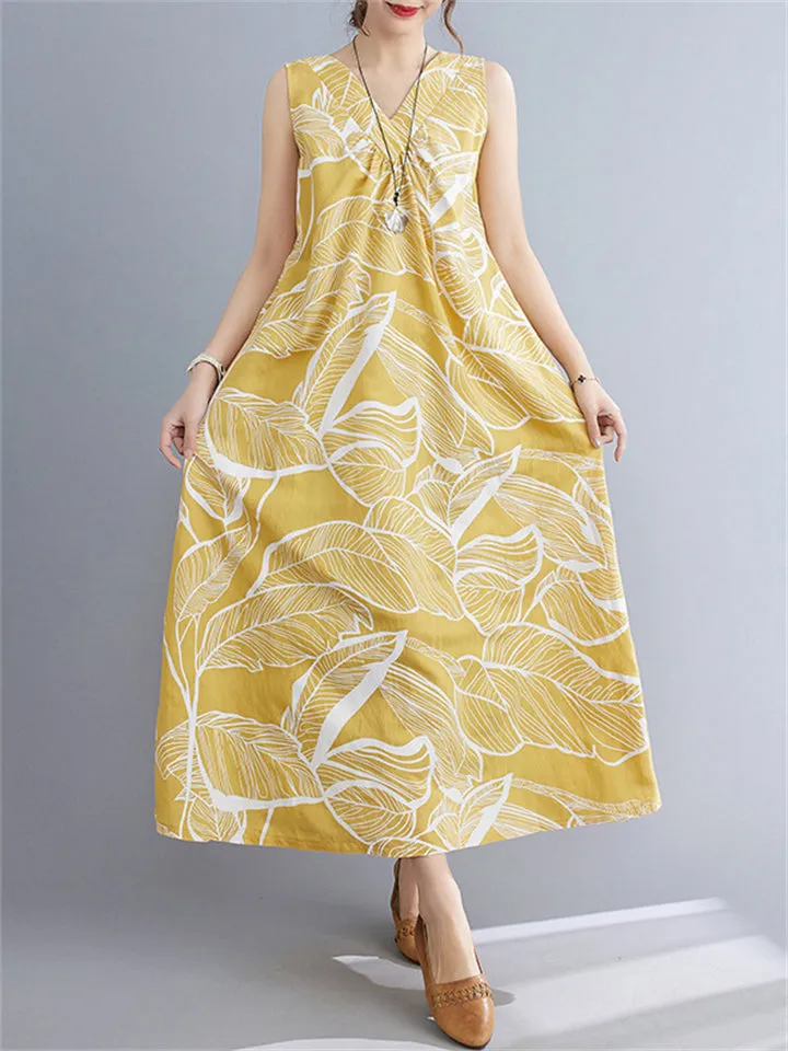 Leaves Print Reversible Sleeveless Dresses for Women