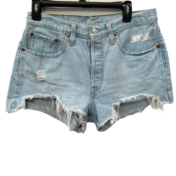 LEVI'S 501 Light Wash Distressed Cotton Blue Denim Shorts | W30