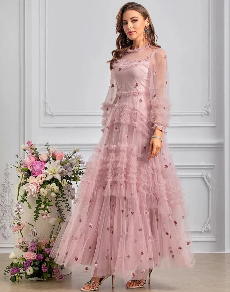 Lexie Floral Embroidery Net Yarn Ruffles Dress Sizes S-4XL