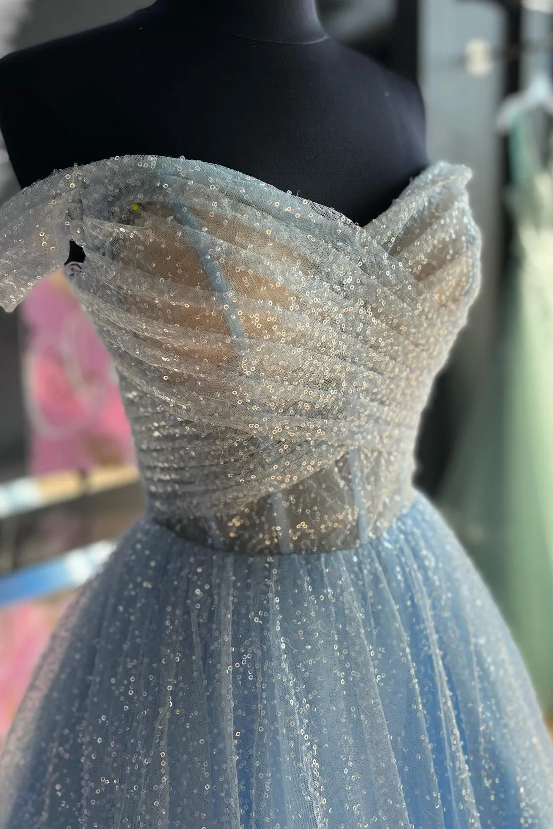 Light Blue Pleated Off the Shoulder A-line Long Formal Dress