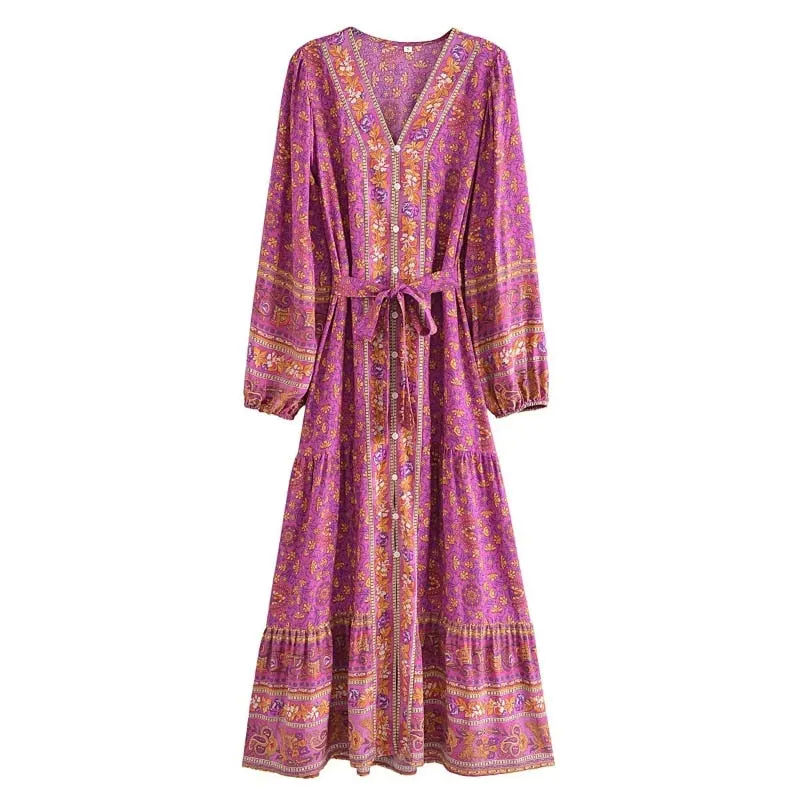 LILLY Deep V-neck Bohemian Maxi Dress - NEW