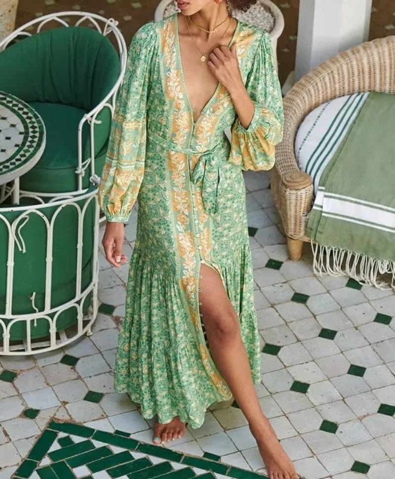 LILLY Deep V-neck Bohemian Maxi Dress - NEW