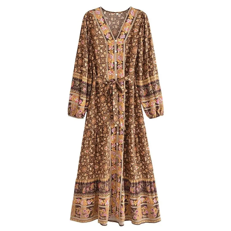LILLY Deep V-neck Bohemian Maxi Dress - NEW