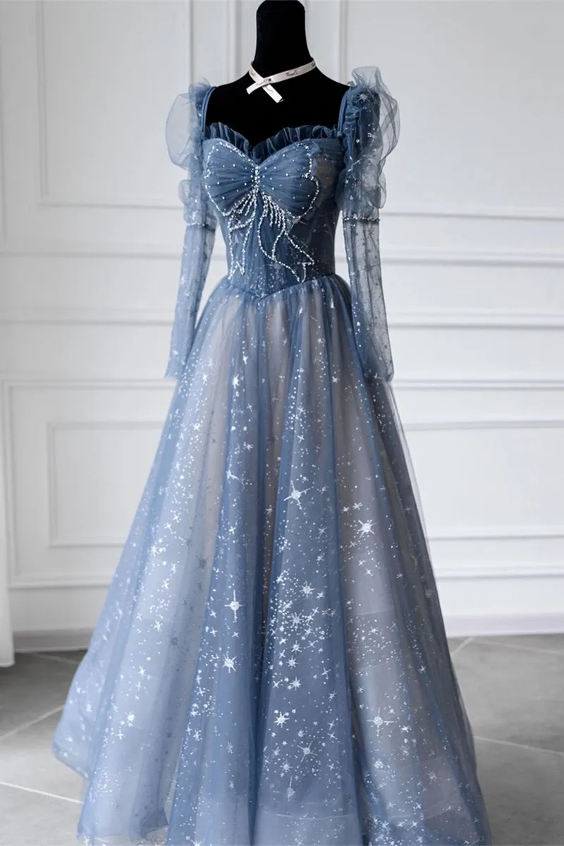 Long Sleeves Blue Beaded Tulle Long Prom Dress
