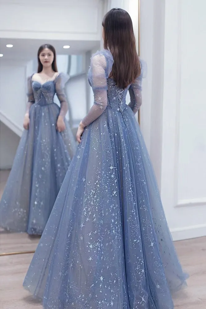 Long Sleeves Blue Beaded Tulle Long Prom Dress