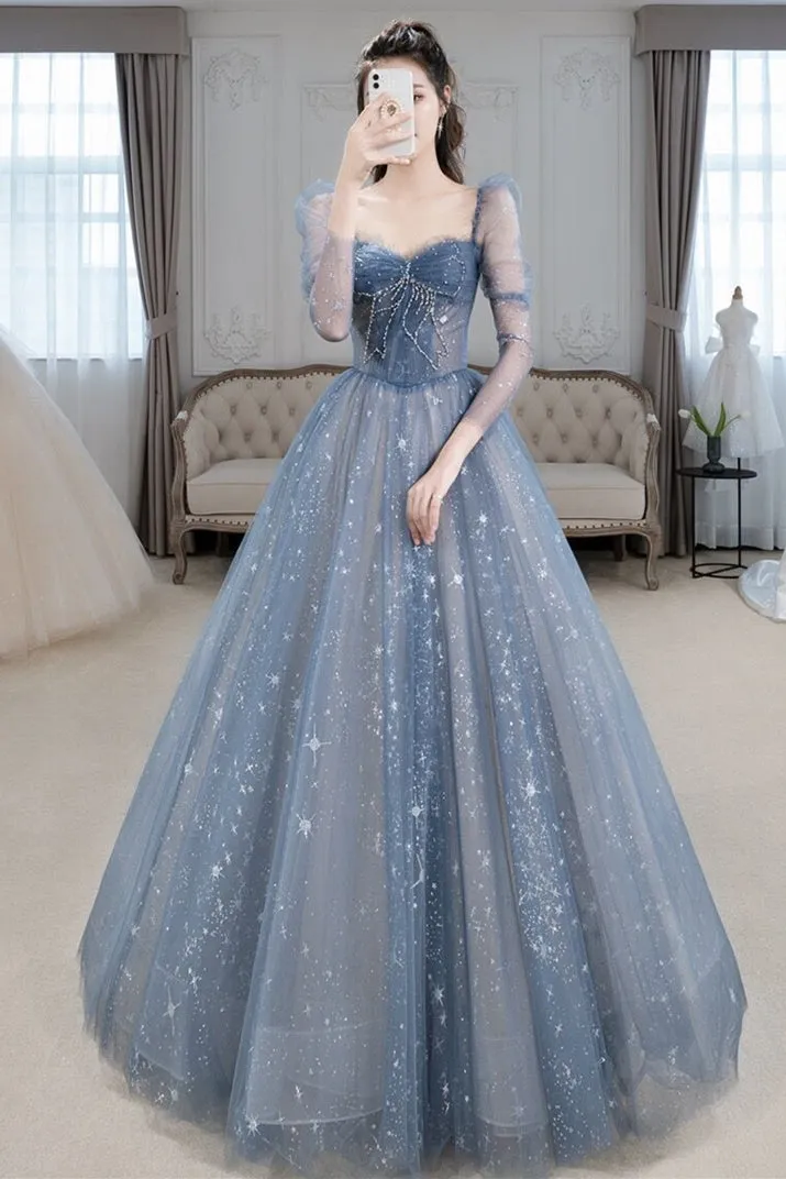 Long Sleeves Blue Beaded Tulle Long Prom Dress