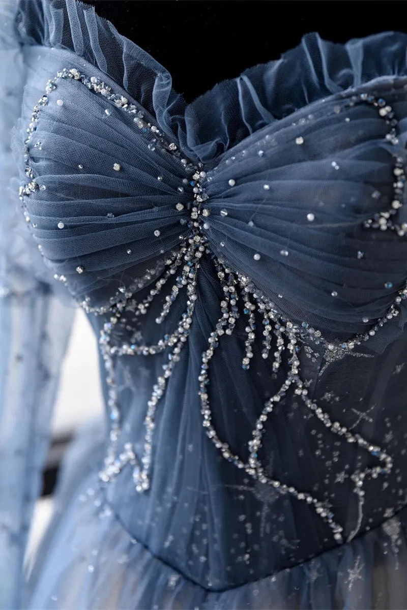 Long Sleeves Blue Beaded Tulle Long Prom Dress