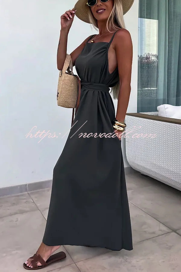 Long Story Solid Color Belted Pocket A-line Breathable Maxi Dress